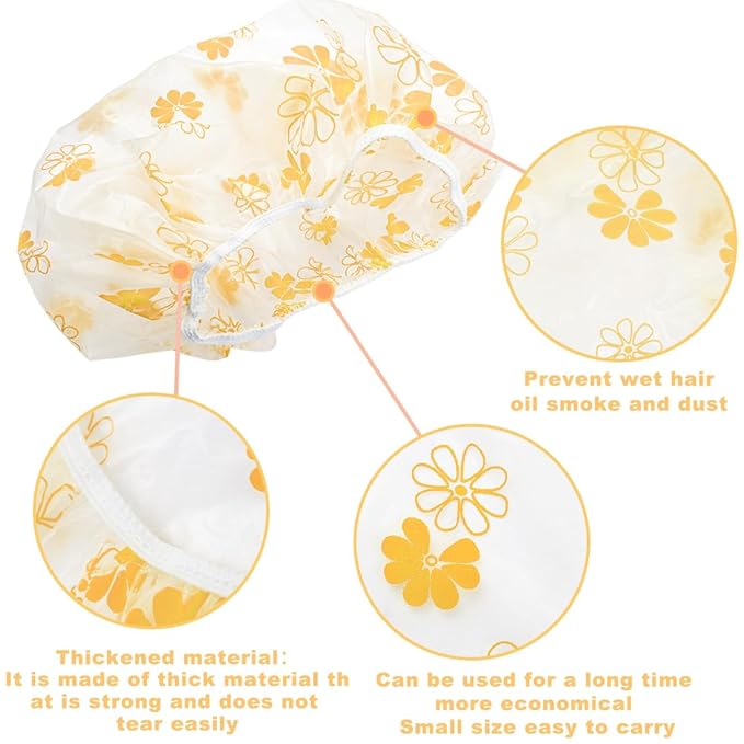 18Pcs Plastic Shower Caps for Women Waterproof Bath Caps Bathing Hair Cap Reusable Shower Caps for Shower,Spa,Salon,Housework,Girls,Home,Travel (Yellow-Flower)