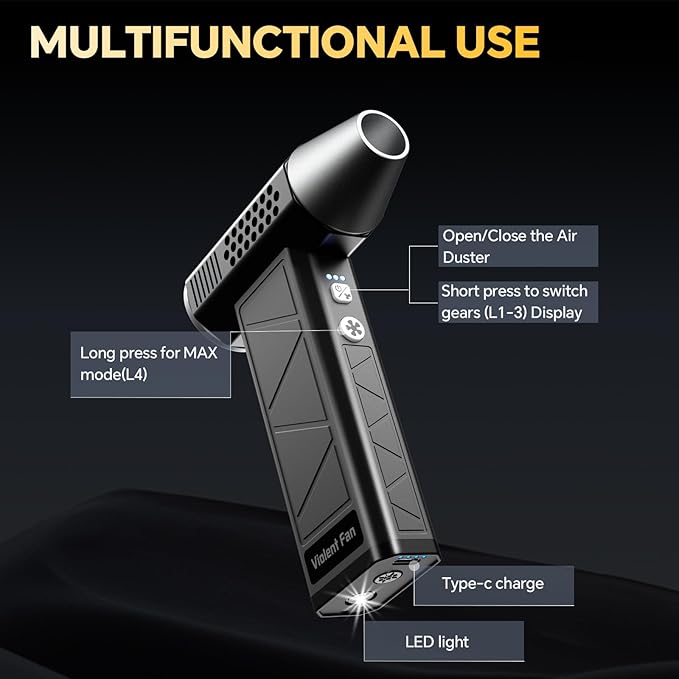 Upgraded Electric Air Duster, 360,000RPM Compressed Air Duster with Brushless Motor, LED Light, Cordless Rechargeable 4-Gear Mini Turbo Snow Blower for Car, Keyboard, PC, Home, Outdoor