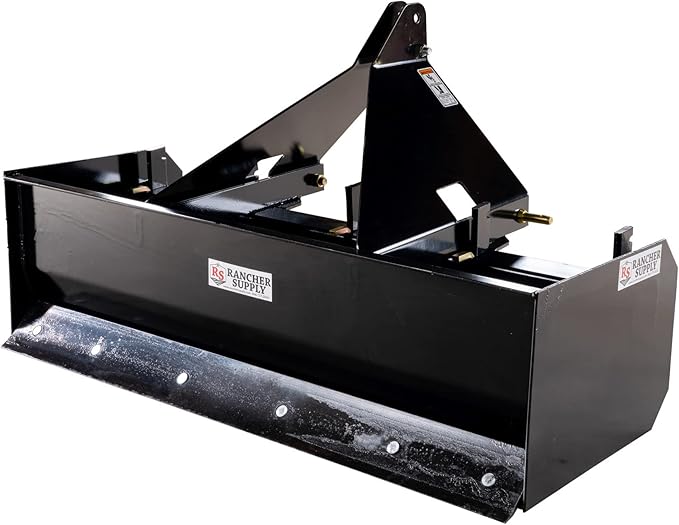 6 FT Box Blade Scraper by Rancher Supply – CAT 1-3 Point Hitch Attachments for Moving Dirt, Backfilling Holes, Spreading Soil, Leveling and Grading Land