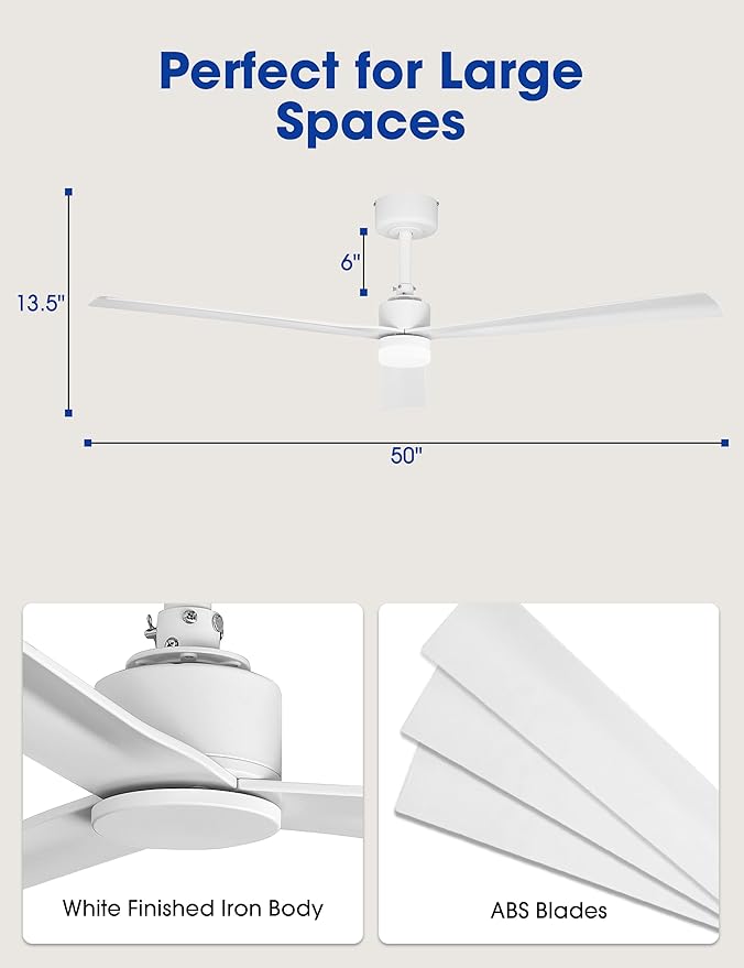 White Ceiling Fan No Light with Remote, Modern DC Motor Ceiling Fans without Lights for Bedroom, Reversible Quiet Indoor Outdoor Ceiling Fans for Patios Living Room, 6 Speeds, Timer, 50 Inch