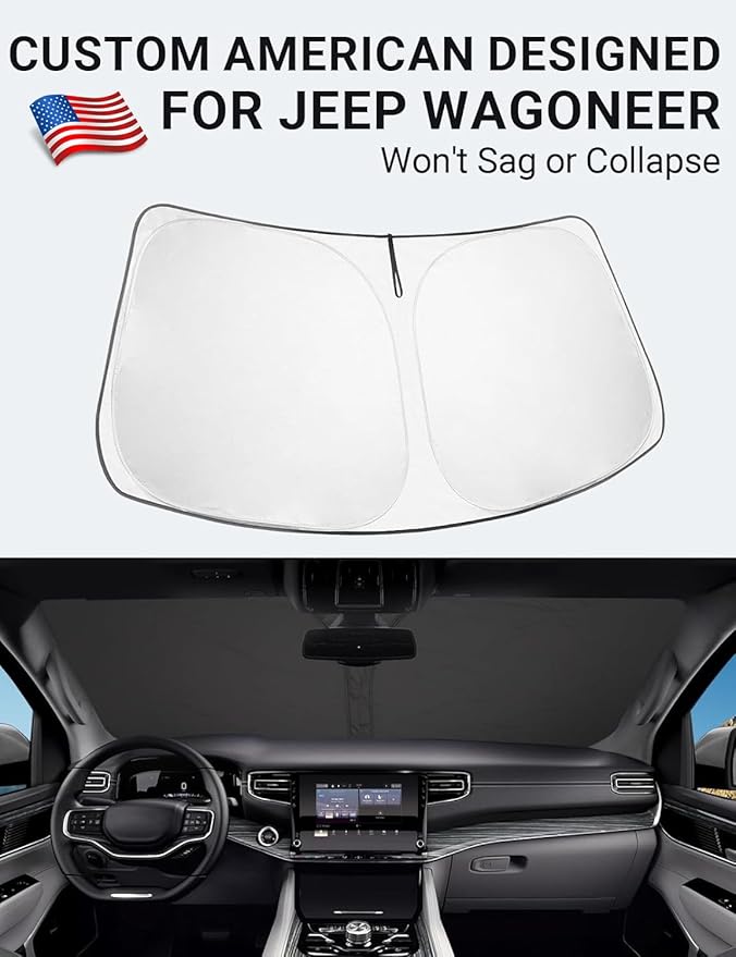 Proadsy 2025 Upgrade Windshield Sun Shade Custom Fit Jeep Wagoneer 2022-2024 2025 4-Layer Foldable Front Sunshade Protector Sun Visor Blocks UV Rays Keep Car Cooler Accessories