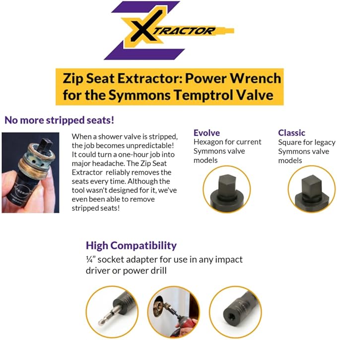Zip Seat Power Tool Extractor Set for Symmons Temptrol Valves, Set Includes Extractor Classic, Extractor Evolve, Diverter, and Power Drill Bit