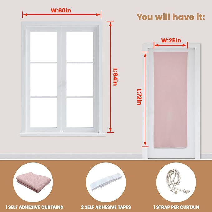 100% Blackout French Door Curtain,Adhesive, No Drilling Required,Small Curtains Designed for Installation On Doors (Light Pink - W25 × L72 in)