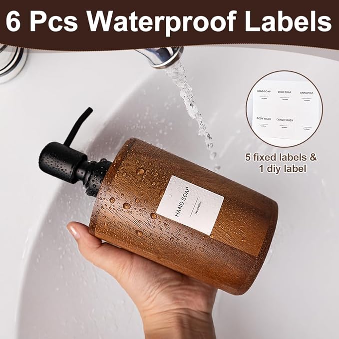 Walnut Wood Soap Dispenser with Pump, Funnel & Label, Refillable Hand Soap Dispenser for Bathroom & Kitchen, Cylinder Design, Rustic Countertop Decor(7oz/200ml)