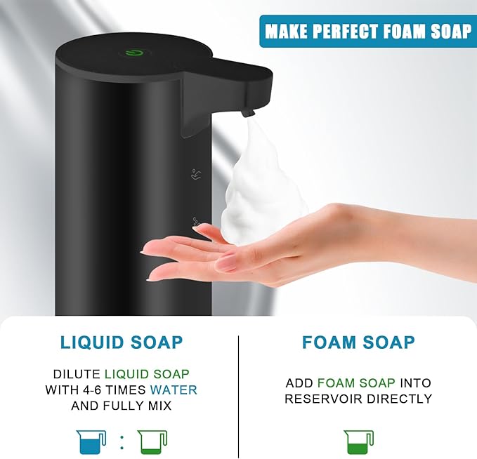 Automatic Soap Dispenser Stainless Steel with Sensor Infrared Soap Dispenser Electric IPX5 Waterproof USB-C Charging Motion Sensor for Kitchen & Bathroom (Black Foam)