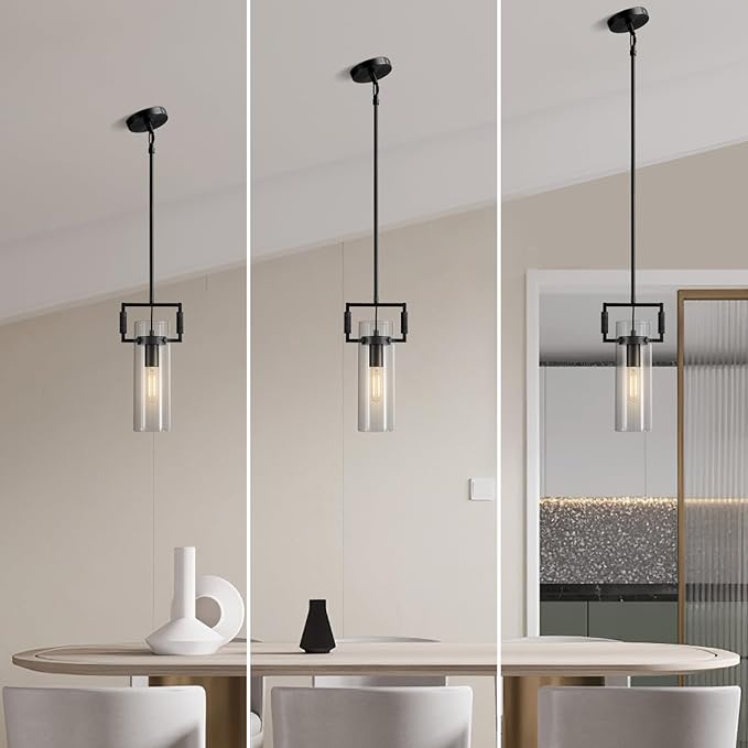 Modern Black Kitchen Island Pendant Lights Set of 2, 12 Inch 1-Light Adjustable Pendant Light with Glass Shade & Brass Finish, Hanging Light Fixture for Kitchen, Dining Room, Bathroom, Living Room