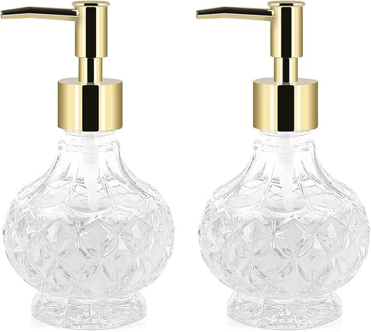 Glass Hand Soap Dispenser Bathroom with Rust Proof Pump for Kitchen Dish Soap, Hand Soap, Essential Oil & Lotion (2PCS New Gold)