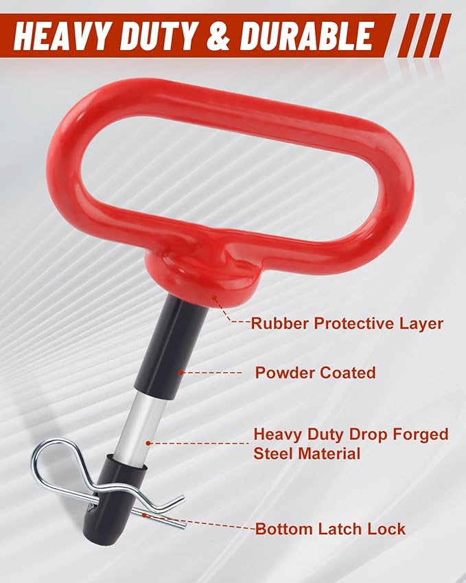 4Pack Hitch Pin, 1/2 x 3 Inch Trailer Hitch Pin with Clip and Rubber-Coated Handle, Strong Heavy Duty Lawn Mower Hitch Pin for Mowers, Tractor Truck, Towing Cargo, ATV (Red)