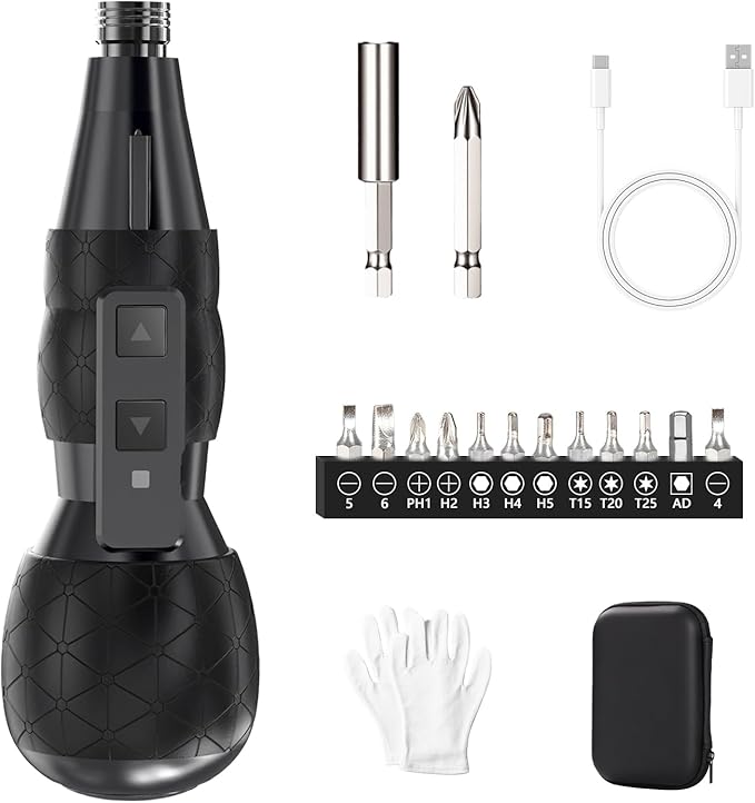 Mini Electric Screwdriver Set,Hillyfe 2500mAh Electric Screwdriver Cordless with LED Light, 13 Magnetic Bits, Extension Rod, Gloves, Storage Case,for Furniture/Electrical Repairs,Black