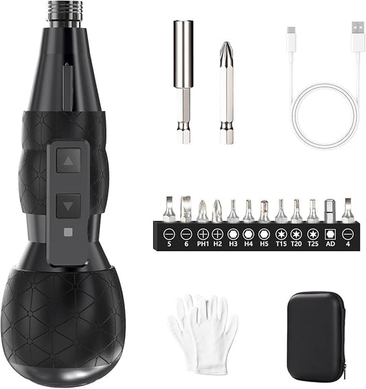 Mini Electric Screwdriver Set,Hillyfe 2500mAh Electric Screwdriver Cordless with LED Light, 13 Magnetic Bits, Extension Rod, Gloves, Storage Case,for Furniture/Electrical Repairs,Black