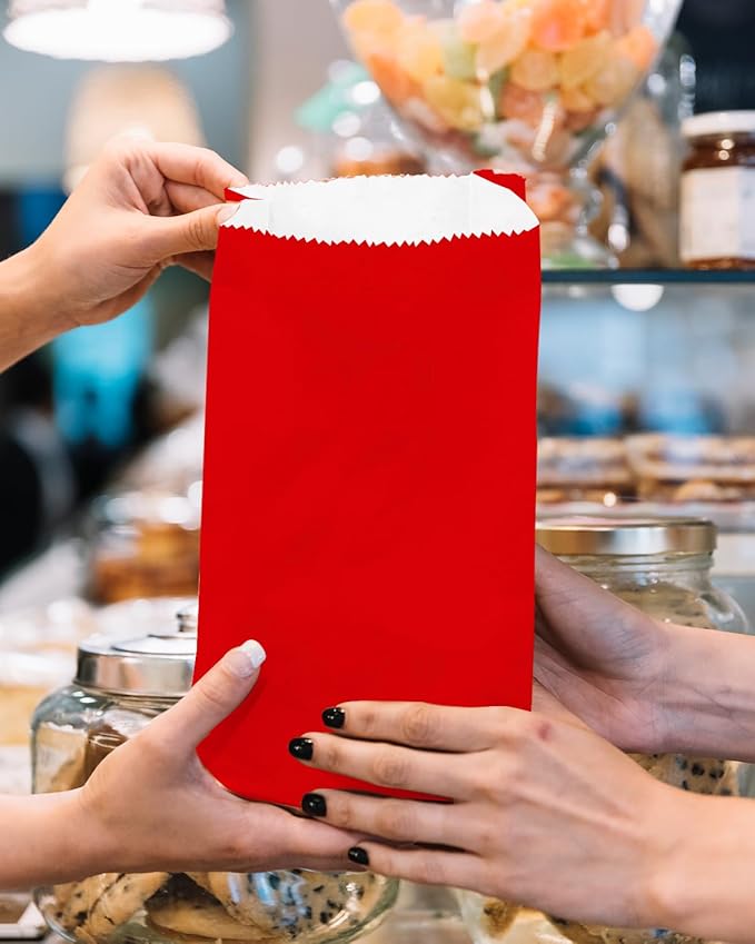 Bakepacker 100 Pcs Red Treat Paper Bags with 100 Stickers 5.1"x3.1"x9.4" Small Party Gift Bag Snack Bag without Handle