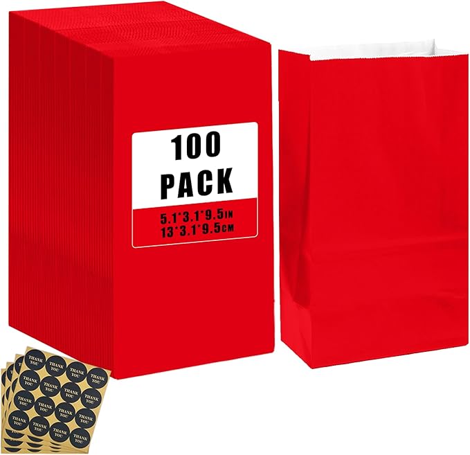 Bakepacker 100 Pcs Red Treat Paper Bags with 100 Stickers 5.1"x3.1"x9.4" Small Party Gift Bag Snack Bag without Handle