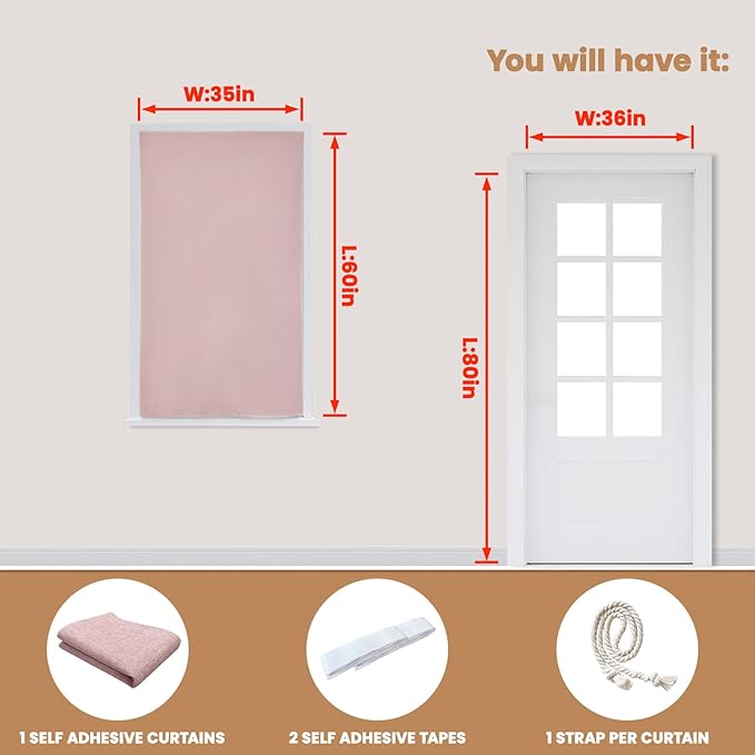 JILROIN Self Adhesive Curtains,100% Blackout Window Cover,No Drilling,Easy to Install,Provides Privacy Protection for Bedrooms (Light Pink - W35 × L60 in)