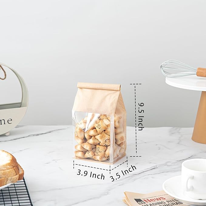 100 Pcs Bread Bags with Tin Tie, Loaf Bags Made Of Brown Cotton Paper, Storage Packing Bag with Clear Window for Bakery, Cafe, Homemade Bread, Mini Size 3.9 Inch