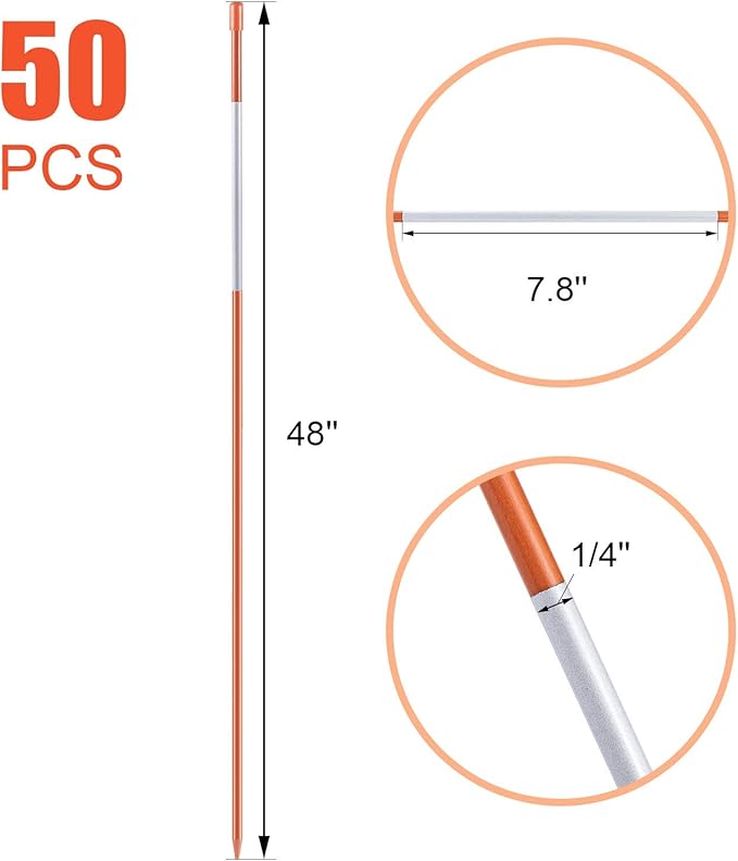 CZC AUTO 50PCS 48 Inch Driveway Marker Reflectors 1/4 Inch Dia Orange Fiberglass Snow Stakes with Reflective Tape for Easy Visibility Reflective Driveway Poles for Snow Plowing with Gloves&Drill Bit