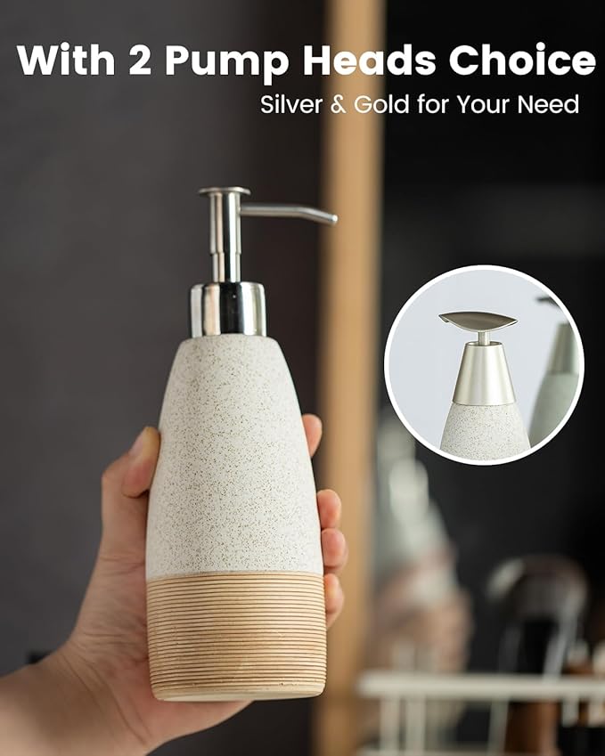 12oz Dish Soap Dispenser with Plastic Pump & Stainless Steel Pump for Hand Soap, Shampoo, Lotion, Conditioner, Ceramic Refillable Soap Bottle with Silicone Funnel for Bathroom, Kitchen, Speckled White