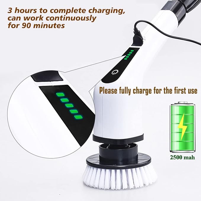 Electric Spin Scrubber, Cordless Cleaning Brush, Rechargeable Scrub Brush with 7 Replaceable Brush Heads, Adjustable Long Handle Power Scrubber for Bathroom Tile Bathtub Glass
