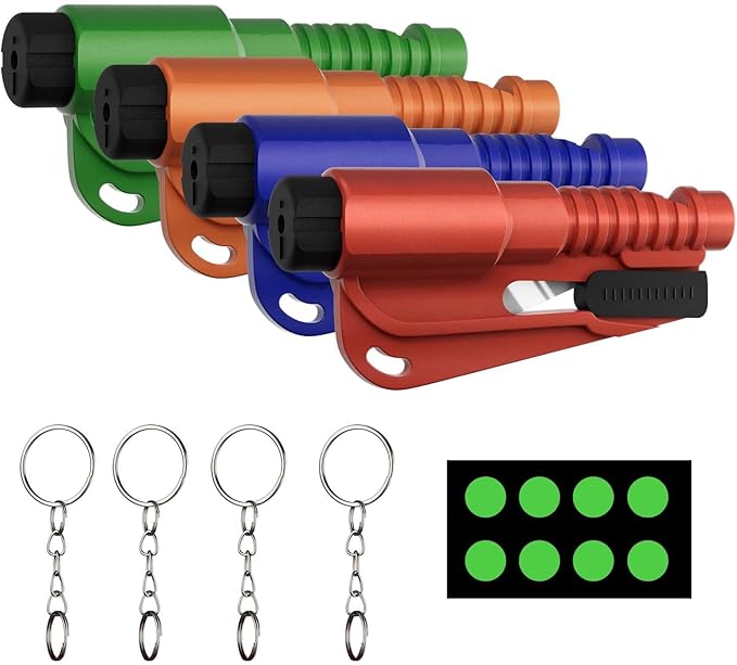 4 Pack Window Breaker Seatbelt Cutter Car Window Breaker Tool – Emergency-Proven 3-in-1 Escape Tool with Glass Breaker, Seatbelt Cutter & Whistle – Portable Keychain Design, Multi-Car Safety Kit