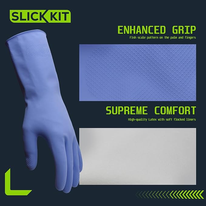 Rubber Kitchen Cleaning Gloves, Reusable Dishwashing Gloves, Non-Slip, with Flocked Liner, 3 Pairs Pink+Yellow+Blue