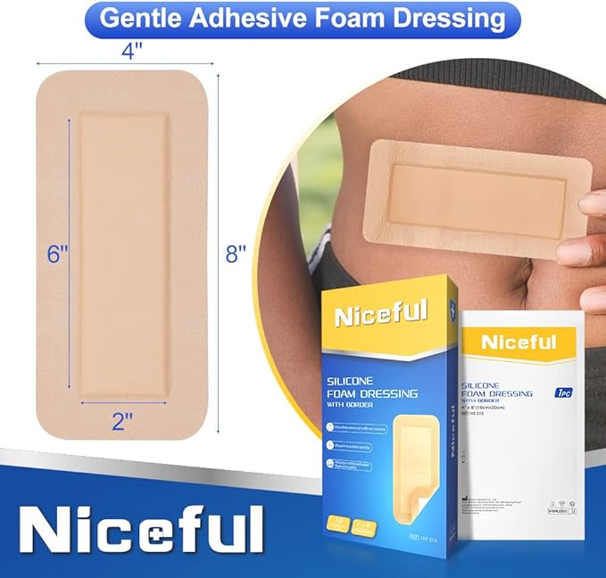 10 Packs Silicone Foam Dresssing 4x8 in, Highly Absorbent Silicone Foam Dressing, Gentle Adhesive Foam Dressing Waterproof