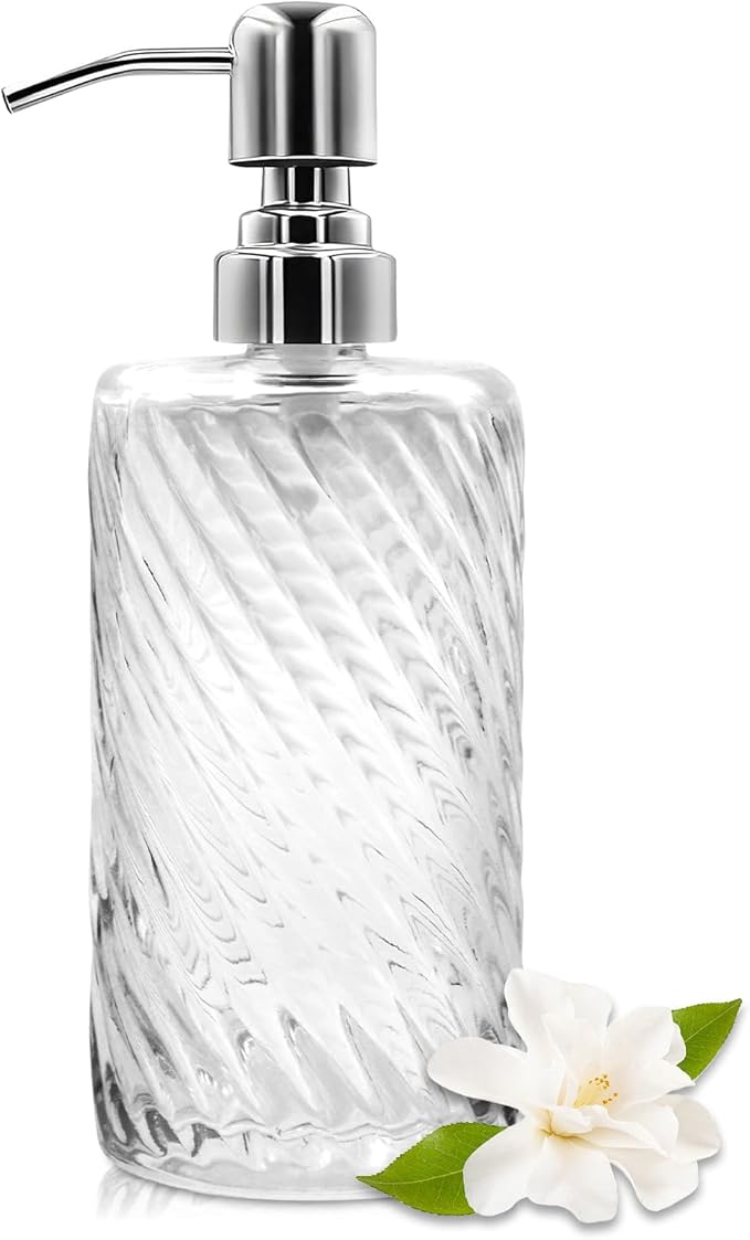 18 Oz Ribbed Glass Soap Dispenser with Stainless Steel Pump, Refillable Liquid Soap Bottle for Bathroom, Kitchen, Hand Soap, Dish Soap, or Lotion