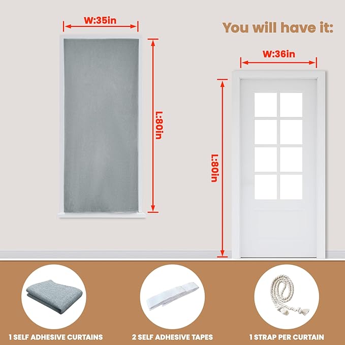 Adhesive Curtain,100% Blackout Curtains, No Drilling, Suitable for Multi-Scenes Privacy Protection (Light Gray - W35 × L80 in)