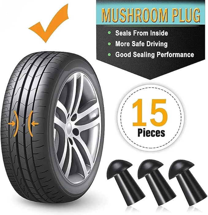 GRAND PITSTOP 20 Pcs Tubeless Tire Puncture Repair Kit with Mushroom Plug for Tyre Punctures and Flats on Cars, Motorcycles, ATV, Trucks & Tractors (15 Mushroom Plugs)
