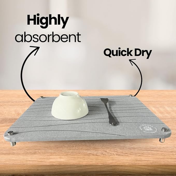 Diatomaceous Earth Dish Drying Mat with Non-Slip Stainless Steel Feet - 16 L x 12 Inch Odorless, Quick Drying Stone Mat for Kitchen Sink - Heat Resistant, Super Absorbent Dish Drying Stone