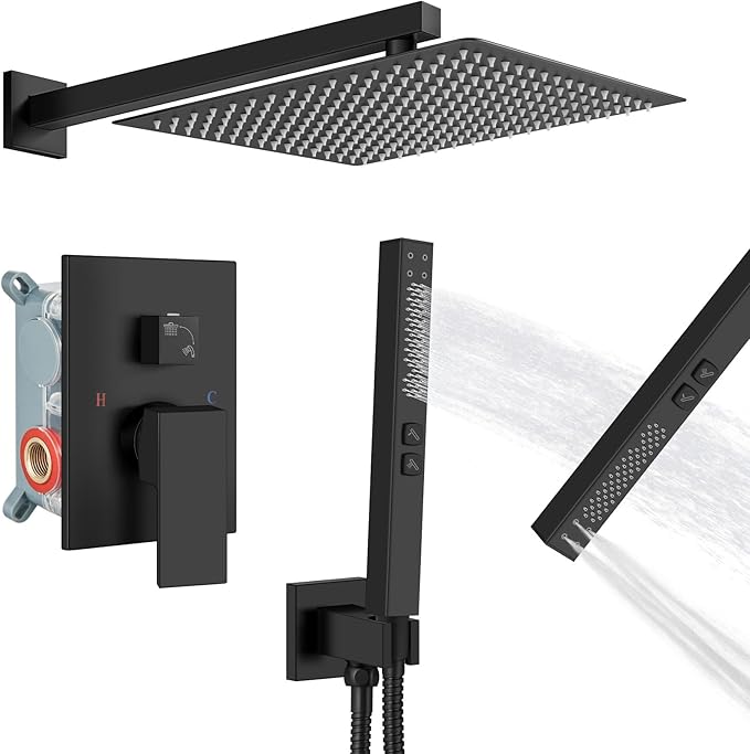Shower Faucet Set Rainfall Shower System with Square Showerhead and Handle Set Fixture with 2 in 1 Function Handheld Sprayer Wall Mounted Trim Repair Kit Rough-in Valve 16 Inch Matte Black