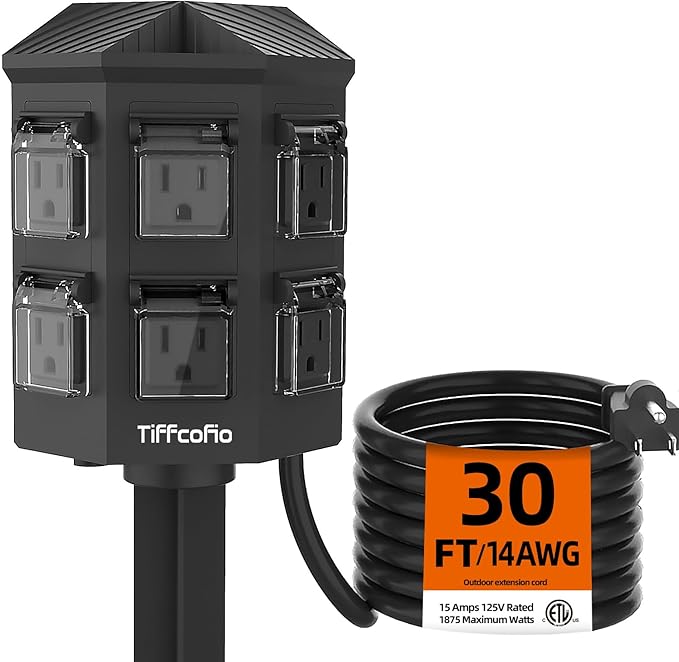 TiFFCOFiO Outdoor Power Strip Weatherproof, 30 FT Extension Cord with Stake, 6 Grounded Weatherproof Outlets for Yard Decorations, 15A/1875W, ETL Listed