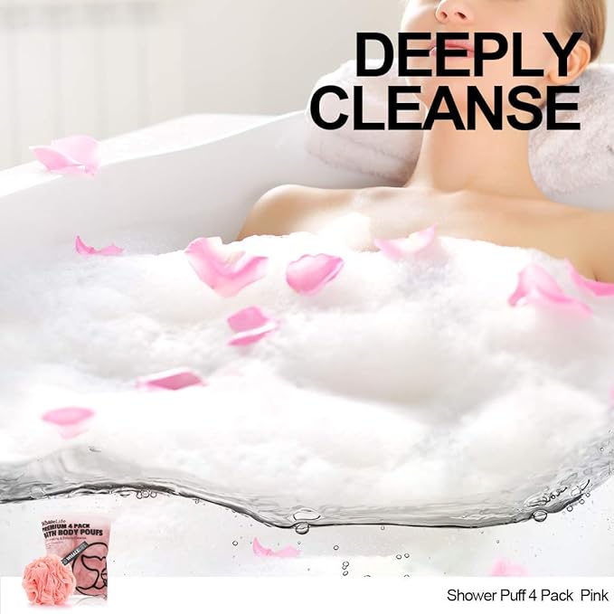 Loofah Sponge Bath Sponge for Women Men 4 Pack (Pink)