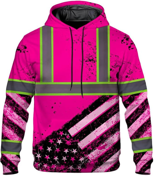 Color US Flag High Visibility Hoodie for Men Women Reflective Tapes Safety Workwear for Worker Runner Patriotic