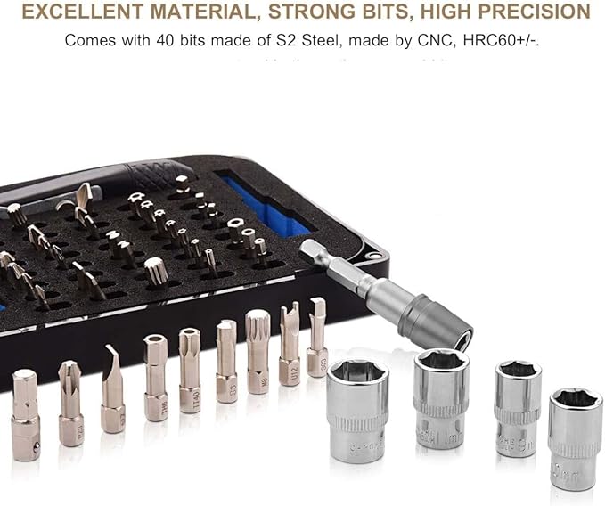 54in1 S2 Steel Mini Ratchet Wrench Screwdriver Bit Set with 1/4" Hex Shank Bits, 1/4" Drive Socket, Socket Adapter, Extension Bit Holder, 36-Tooth, 90 Degree Offset Reversible Drive Handle