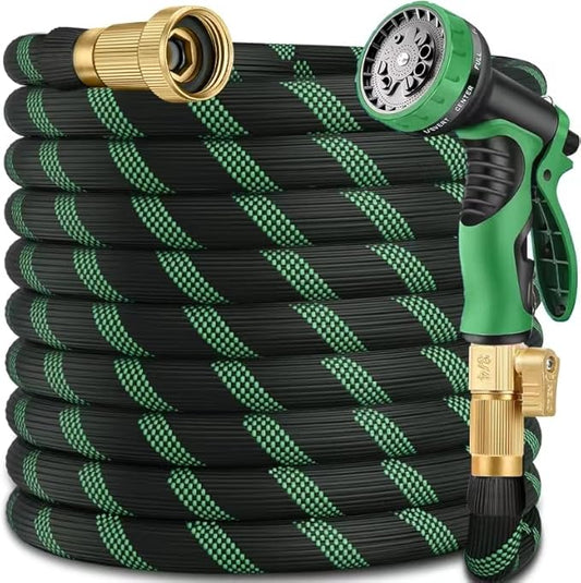 100 ft Heavy Duty Garden Hose - Super Flexible Leader Water Hose with 10 Pattern Spray Nozzle,Hybrid Rubber Hose Car Wash Pipe,3/4'' Solid Brass Conne