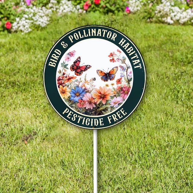 Bidesign Round (9.2X9.2) IN Bird And Pollinator Habitat Pestiside Free Yard Sign with Stake Rustproof Aluminum Butterfly Lawn Signs Stand for Home Garden Yard Decorations Outdoor