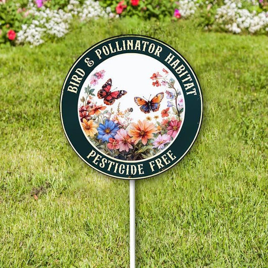 Bidesign Round (9.2X9.2) IN Bird And Pollinator Habitat Pestiside Free Yard Sign with Stake Rustproof Aluminum Butterfly Lawn Signs Stand for Home Garden Yard Decorations Outdoor
