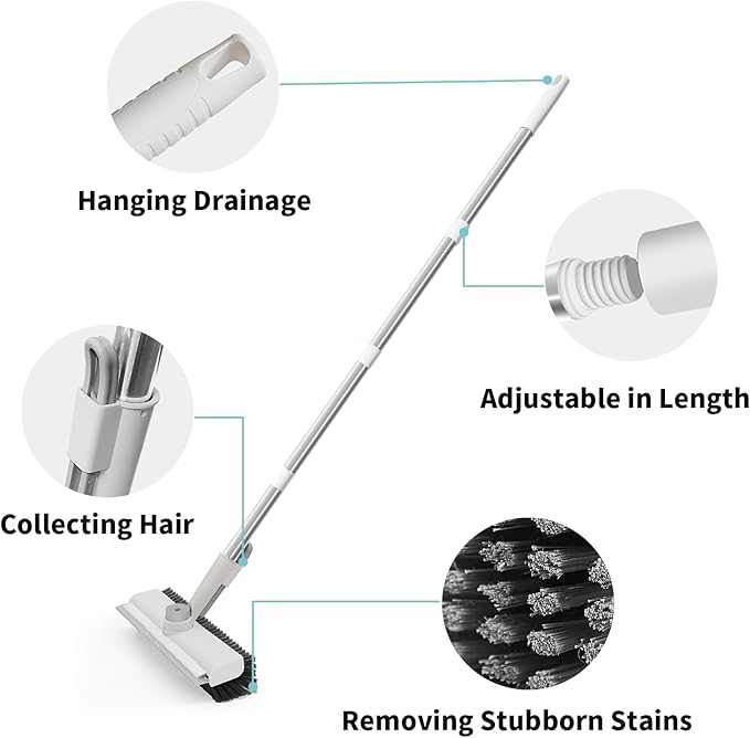 Floor Scrub Brush with Long Handle, 3 in 1 Scrape and Heavy-Duty Stiff Bristle Scrubber Brush for Cleaning Shower Bathroom, Patio, Garage, Kitchen, Wall and Deck (White, 1 Pack)