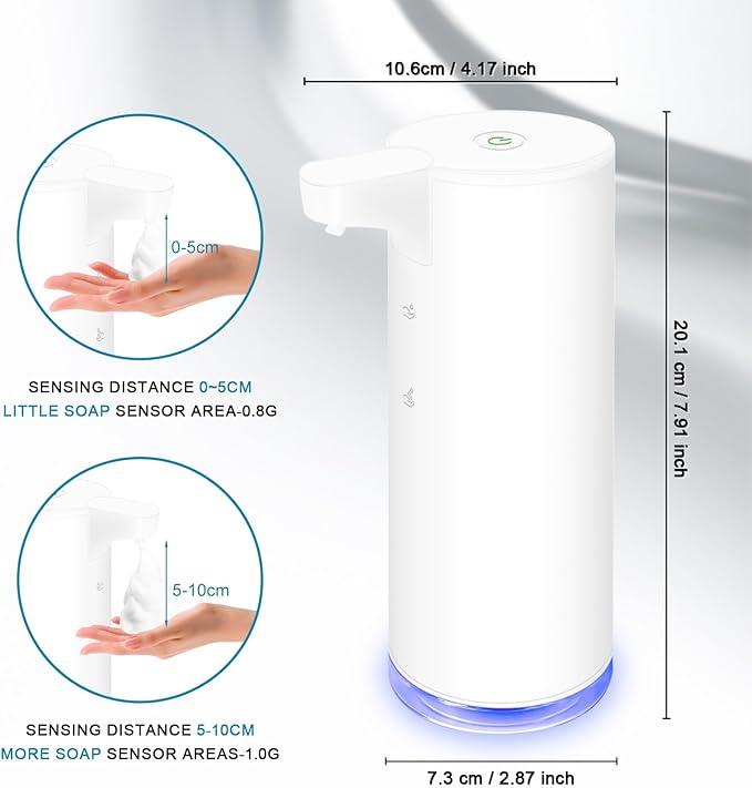 Automatic Soap Dispenser Stainless Steel with Sensor Infrared Soap Dispenser Electric IPX5 Waterproof USB-C Charging Motion Sensor for Kitchen & Bathroom (White Foam)