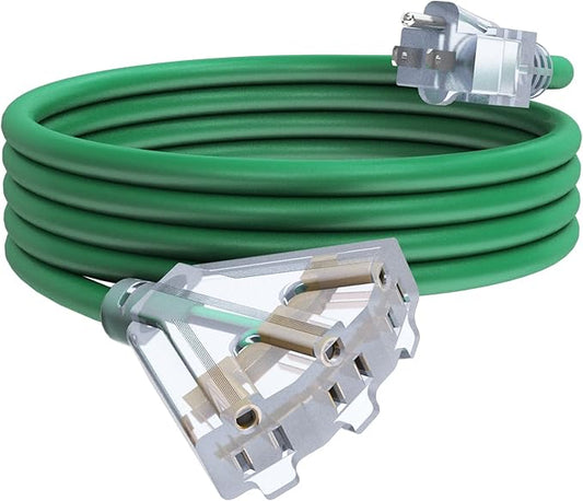 15Ft 12/3 Outdoor Extension Cord with 3-Outlets, Heavy Duty 12 Gauge 3 Prong Extension Cord Waterproof with Lighted end, 15A 12AWG 1875W SJTW, ETL Listed - Great for Garage, Garden and Home, Green