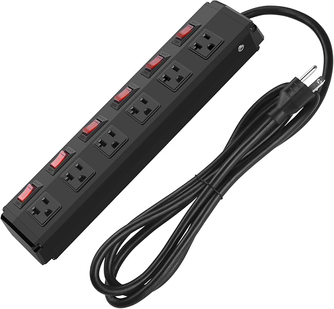 CCCEI Metal Power Strip Individual Switches 6 Outlets, Heavy Duty Power Strip 20Amp Surge Protector for Appliances, 10FT Extension Cord Strip, 1200J Surge Protector 20A 125V 2500W.