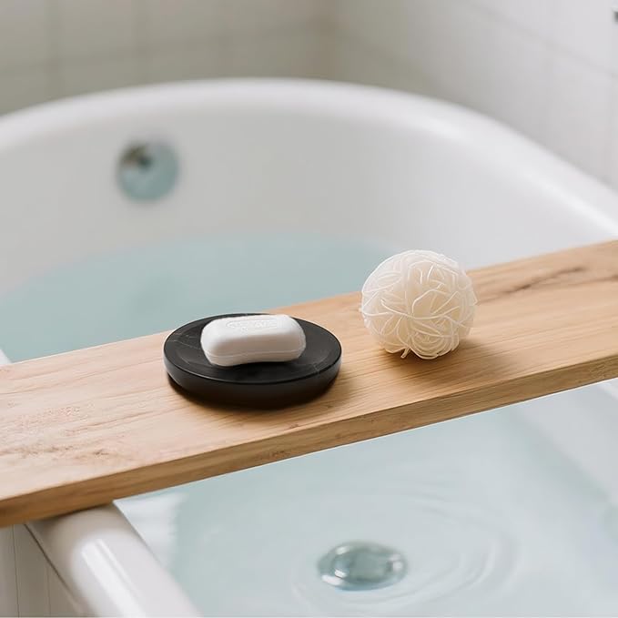 WORHE Marble Soap Dish Italy Natural Stone Sponge Holder for Bathroom Tub Shower Kitchen Sink, Handcraft Round Soap Case Organizer Trinket Plate Jewelry Tray Coaster for Home Decor Black (DL007)