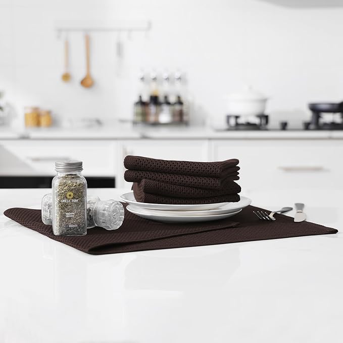 Kitinjoy 100% Cotton Waffle Weave Kitchen Towels, 6-Pack Super Soft and Absorbent Dish Towels for Drying Dishes, Kitchen Hand Towels, 13 in x 28 in, Dark Brown