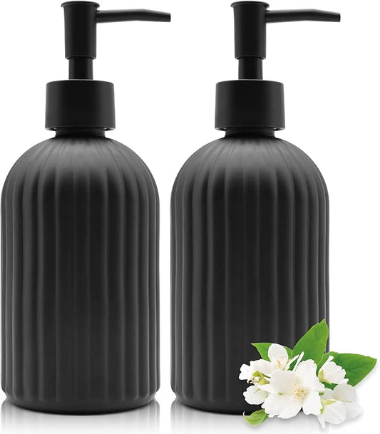 2 Pack Glass Soap Dispenser Bottle with Pump, 14 Oz Refillable Liquid Hand Jar Dispenser for Bathroom, Countertop, Kitchen, Laundry Room (Black)