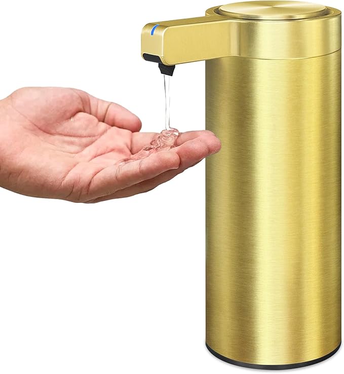 Automatic Soap Dispenser Stainless Steel with Sensor Infrared Soap Dispenser Electric IPX5 Waterproof USB-C Charging Motion Sensor for Kitchen & Bathroom (Gold)