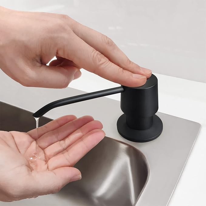 Matte Black Long Nozzle Brass Built in Soap Dispenser for Kitchen Sink with 17 OZ PET Bottle Refill from Top, Countertop Brass Pump Head, Fits 1″ to 1.8″ inch Hole, in Sink Soap Dispenser
