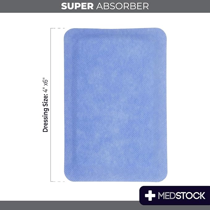 MEDSTOCK Super Absorber Dressing, 4"x6" (Pack of 10), Wound Care, Ultimate Absorption, Holds Extra Volumes of Exudate, Less Frequent Dressing Changes, Reduces Damage Risk & Maceration
