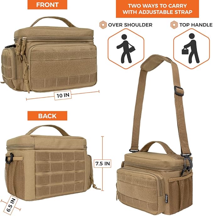 opux Tactical Lunch Box for Men, Tan Mens Insulated Lunch Bag for Adult, Leakproof Soft Lunch Cooler with MOLLE Mesh Side Pockets, Multicam Heavy Duty Lunchbox Pail for Work Women, Medium 10 Cans