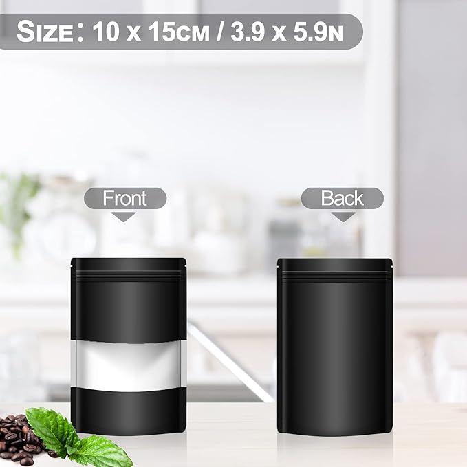 100 Pack Smell Mylar Proof Bags for Food Storage, Resealable Packaging Bags for Small Business, Stand Up Foil Pouches Reusable Heat Sealable Bags with Clear Window (Black, 3.9x5.9 In)