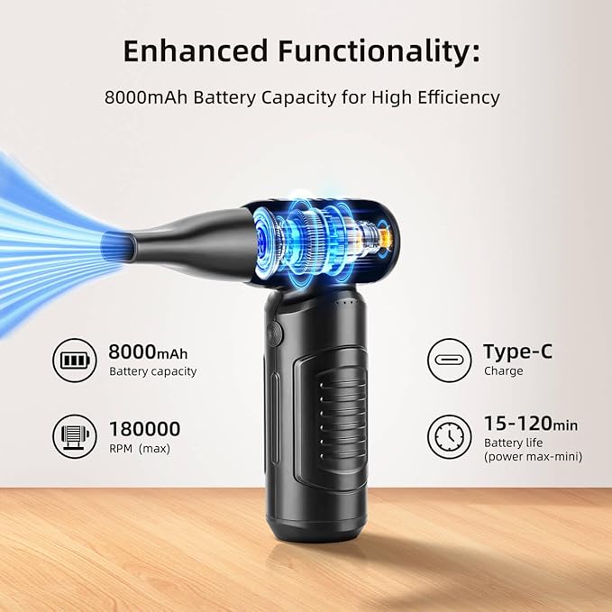 Compressed Air Duster, 180000RPM High-speed 3 Gear Electric Air Duster, 8000mAh Rechargeable Cordless Air Blower Portable Jet Dry Blower for Computer Keyboard Car. Replace Compressed Air Can (Black)