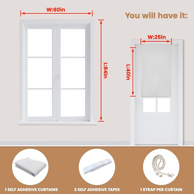 100% Blackout French Door Curtain,Adhesive, No Drilling Required,Small Curtains Designed for Installation On Doors (Grayish White - W25 × L40 in)